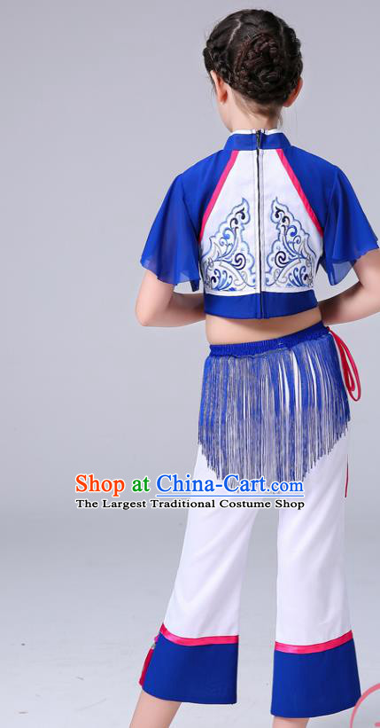 Chinese Girl Fan Dance Dress Yangge Performance Clothing Children Yangko Dance Deep Blue Uniforms Folk Dance Costumes