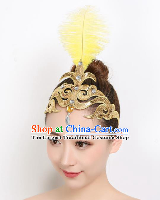 China Dai Nationality Peacock Dance Yellow Feather Headpiece Woman Group Dance Hair Stick Folk Dance Hair Accessories