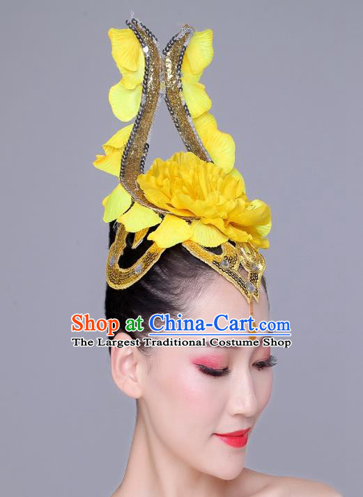 China Woman Group Dance Yellow Flower Hair Crown Modern Dance Hair Accessories Opening Peony Dance Headpiece
