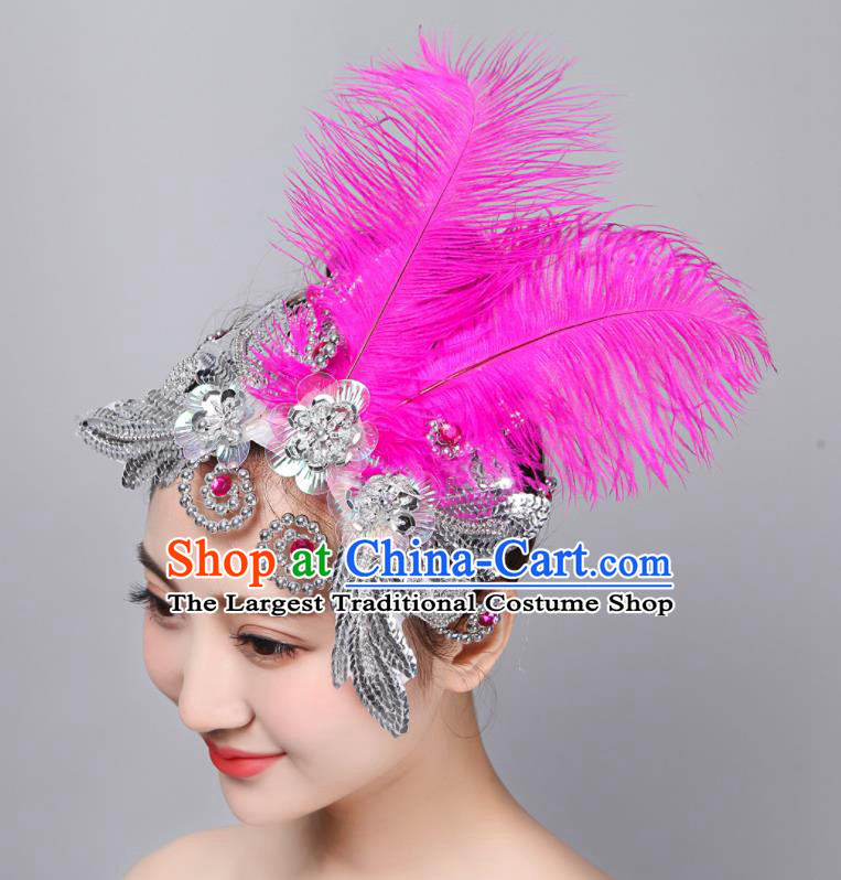 China Folk Dance Headpiece Woman Group Dance Rosy Feather Hair Stick Yangko Dance Hair Accessories