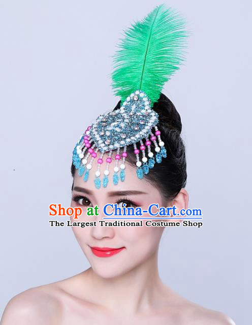 China Yangko Dance Green Feather Hair Stick Woman Group Dance Headpiece Mongol Nationality Dance Hair Accessories