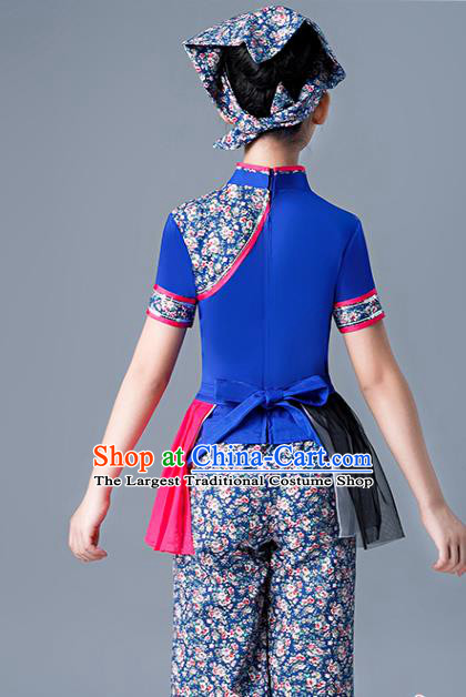Chinese Village Girl Dance Dress Yangge Performance Clothing Children Yangko Dance Blue Uniforms Folk Dance Costumes