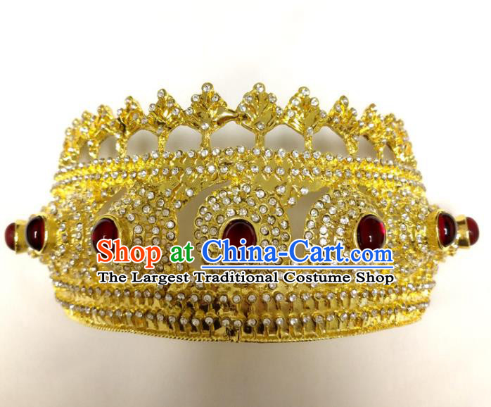 Asian Stage Performance Hair Accessories Thailand Queen Golden Royal Crown Folk Dance Tiara Headpiece