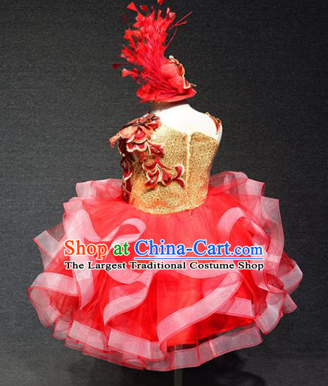 Top Catwalks Red Veil Flower Dress Christmas Evening Wear Children Stage Show Clothing Girl Compere Formal Garment
