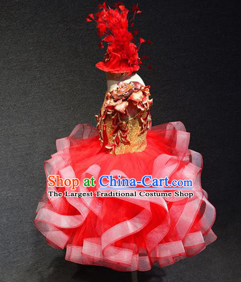 Top Catwalks Red Veil Flower Dress Christmas Evening Wear Children Stage Show Clothing Girl Compere Formal Garment
