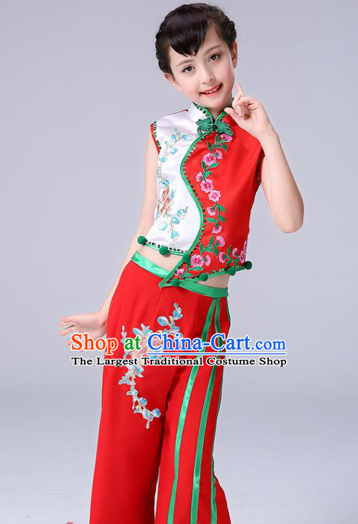 Chinese New Year Performance Clothing Children Yangko Dance Red Uniforms Folk Dance Costumes Girl Fan Dance Dress