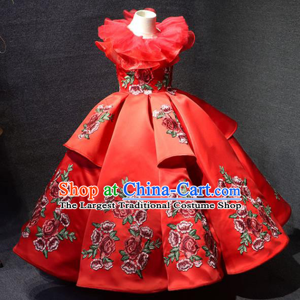 Top Girl Compere Formal Garment Catwalks Embroidered Red Full Dress Christmas Evening Wear Children Stage Show Clothing