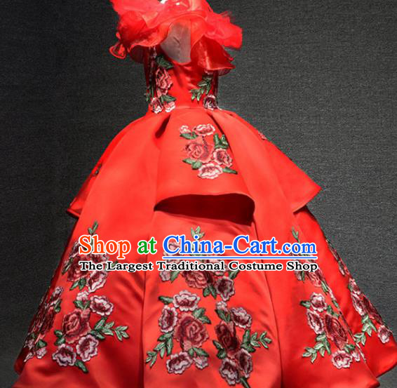 Top Girl Compere Formal Garment Catwalks Embroidered Red Full Dress Christmas Evening Wear Children Stage Show Clothing