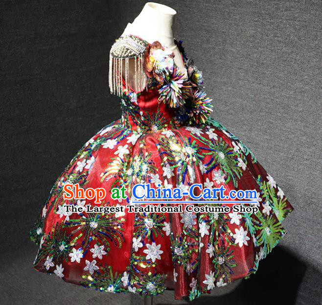 Top Children Performance Clothing Girl Compere Formal Garment Catwalks Embroidered Sequins Wine Red Full Dress Christmas Evening Wear