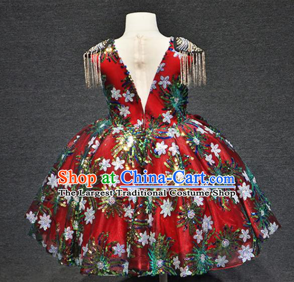 Top Children Performance Clothing Girl Compere Formal Garment Catwalks Embroidered Sequins Wine Red Full Dress Christmas Evening Wear
