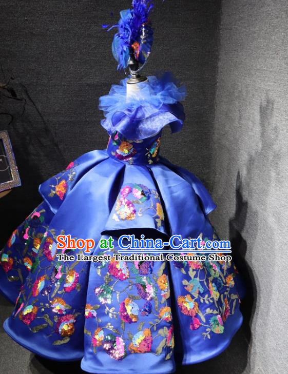 Top Children Performance Clothing Girl Compere Formal Garment Catwalks Embroidered Royalblue Full Dress Christmas Baroque Evening Wear