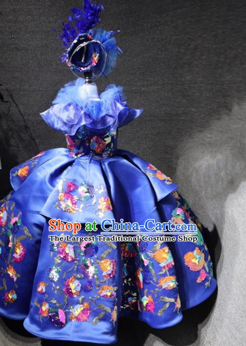 Top Children Performance Clothing Girl Compere Formal Garment Catwalks Embroidered Royalblue Full Dress Christmas Baroque Evening Wear