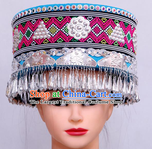 Handmade Chinese Ethnic Woman Festival Headdress Yi Nationality Wedding Blue Hat Tujia Minority Folk Dance Headwear