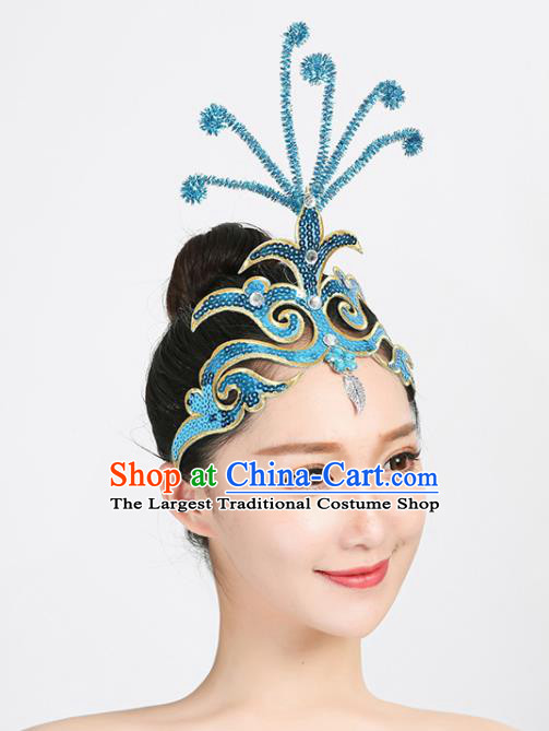 Chinese Yangko Dance Headpiece Folk Dance Blue Sequins Hair Crown Woman Group Dance Hair Accessories