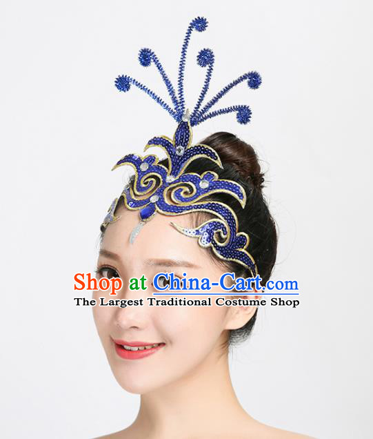 Chinese Woman Group Performance Headdress Yangko Dance Royalblue Sequins Hair Stick Folk Dance Hair Accessories