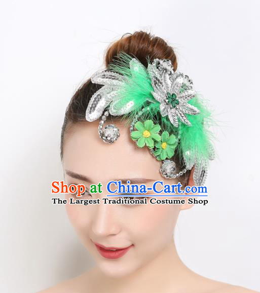Chinese Folk Dance Hair Accessories Woman Stage Performance Headpiece Dai Nationality Peacock Dance Green Feather Hair Stick