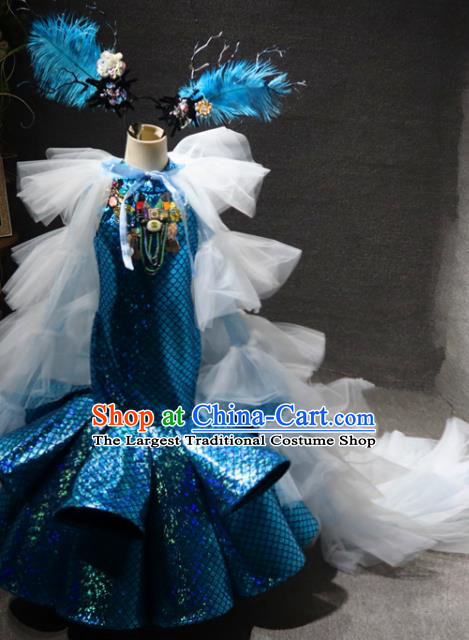 Top Catwalks Mermaid Princess Blue Fishtail Dress Christmas Formal Evening Wear Children Day Stage Show Clothing Girl Performance Garment