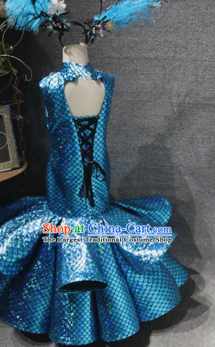Top Catwalks Mermaid Princess Blue Fishtail Dress Christmas Formal Evening Wear Children Day Stage Show Clothing Girl Performance Garment