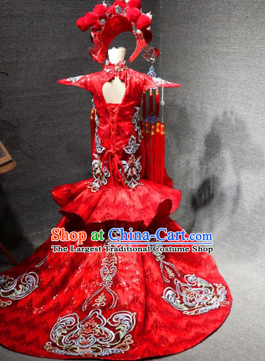 Chinese Style Catwalks Trailing Dress Girls Stage Show Embroidered Qipao Dress Child Compere Formal Costume