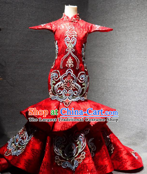 Chinese Style Catwalks Trailing Dress Girls Stage Show Embroidered Qipao Dress Child Compere Formal Costume