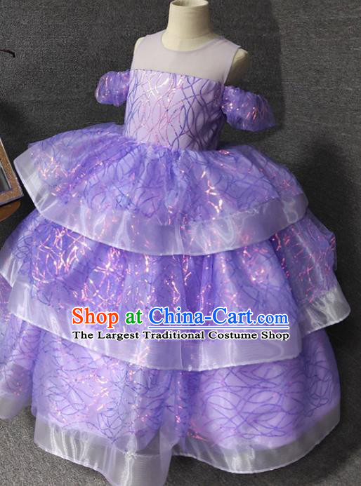 Top Christmas Princess Evening Wear Children Performance Clothing Girl Stage Show Formal Garment Catwalks Purple Long Dress