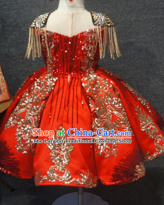Top Christmas Baroque Princess Evening Wear Children Compere Clothing Girl Stage Show Formal Garment Catwalks Red Long Dress
