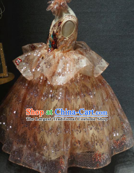 Top Girl Stage Show Formal Garment Catwalks Light Golden Dress Christmas Princess Evening Wear Children Compere Clothing