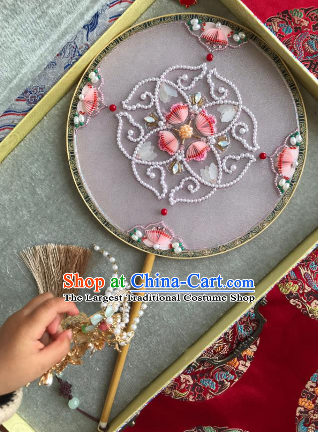 China Handmade Pearls Hanfu Fans Wedding Circular Fan Traditional Bride Pink Palace Fan