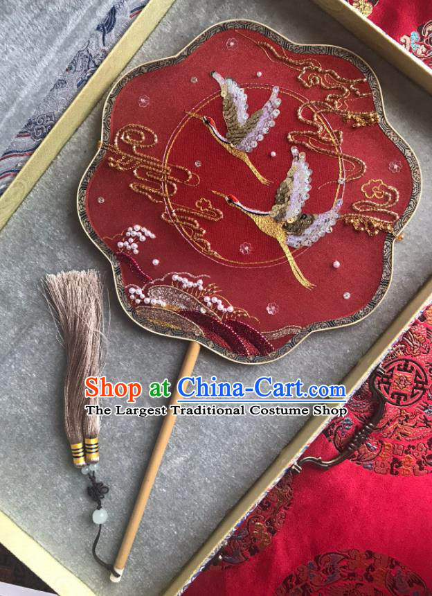 China Traditional Bride Red Silk Palace Fan Handmade Hanfu Fans Wedding Embroidered Crane Fan