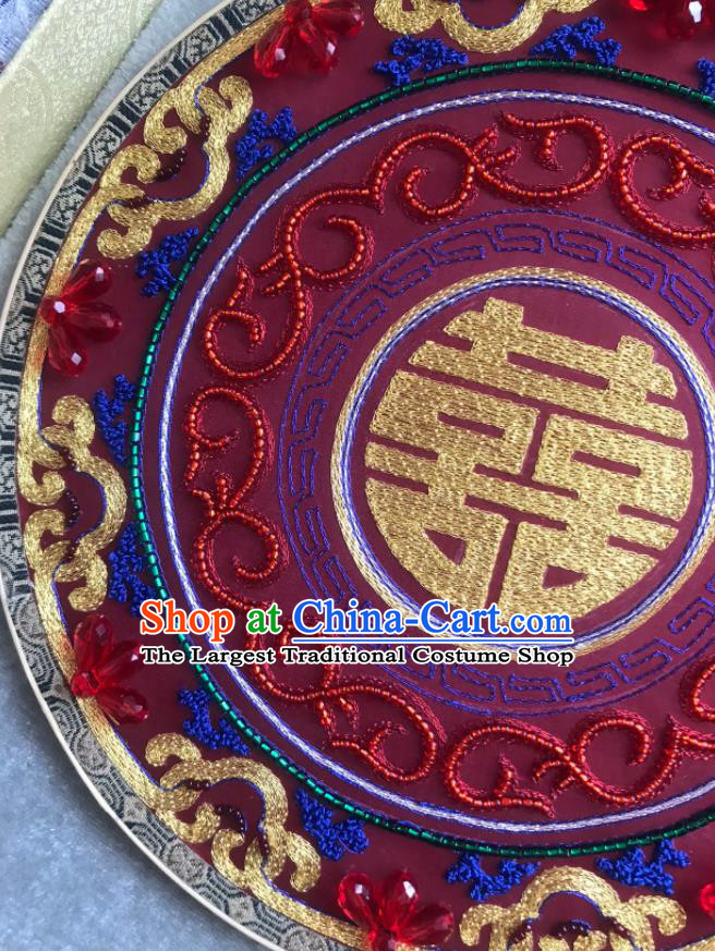 China Handmade Hanfu Dance Circular Fans Wedding Embroidered Fan Traditional Bride Red Silk Palace Fan