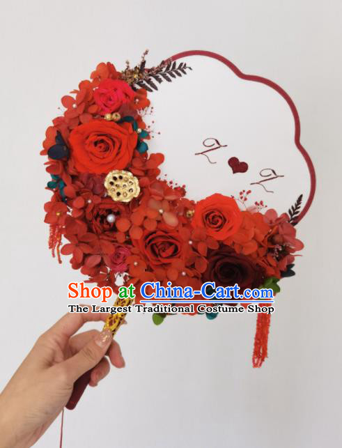 China Wedding Red Silk Rose Fan Handmade Bride Flowers Palace Fan Traditional Hanfu Dance Fans