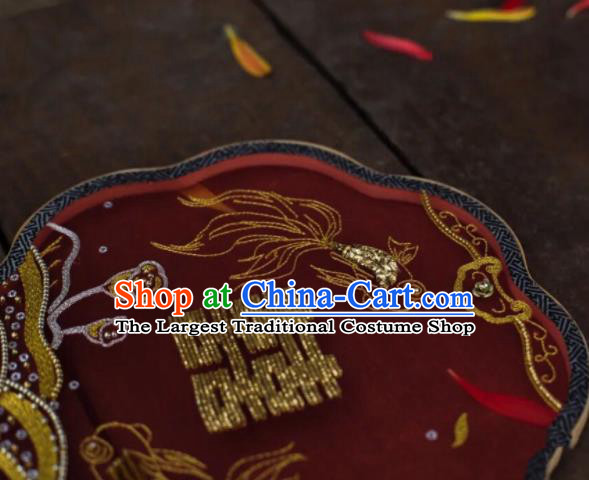 China Handmade Bride Red Silk Palace Fan Traditional Hanfu Dance Fans Wedding Embroidered Fish Lotus Fan