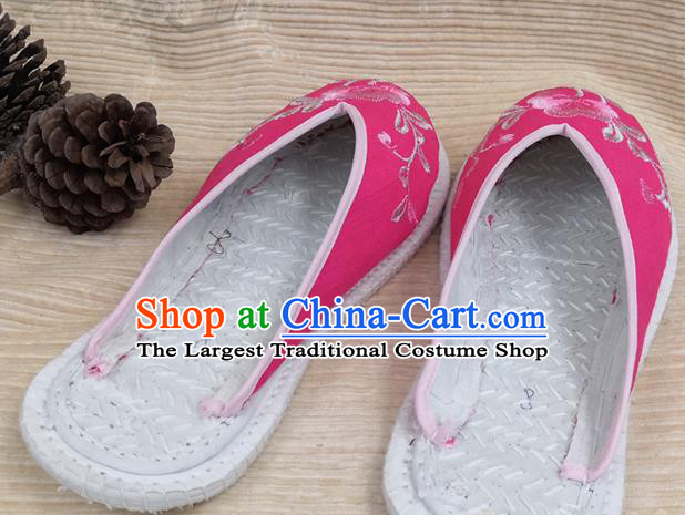 Chinese Woman Strong Cloth Slippers National Rosy Flax Shoes Handmade Embroidery Flowers Shoes