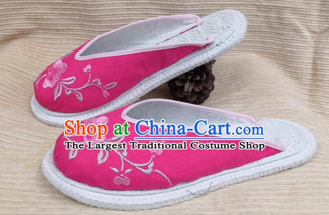 Chinese Woman Strong Cloth Slippers National Rosy Flax Shoes Handmade Embroidery Flowers Shoes