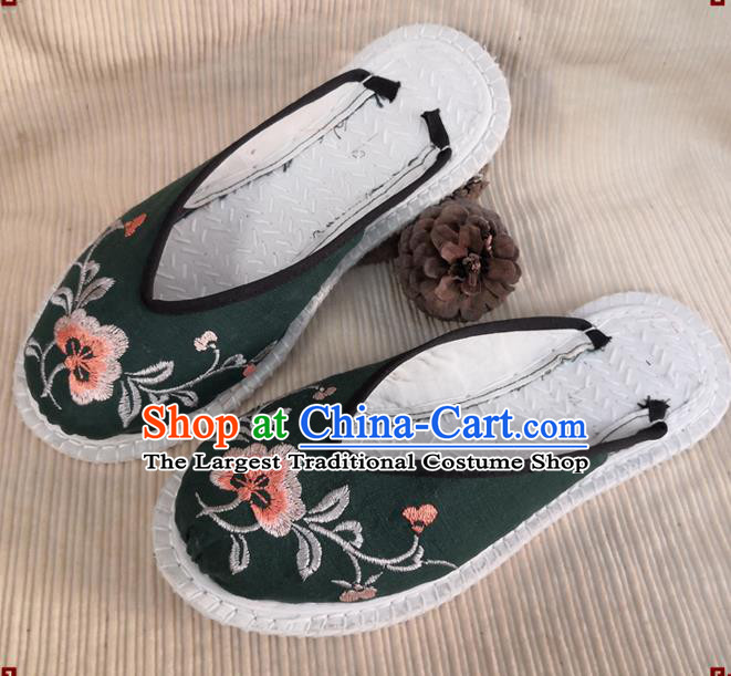 Chinese Handmade Embroidery Flowers Shoes Woman Strong Cloth Slippers National Atrovirens Flax Shoes