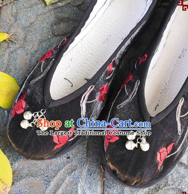 Handmade China Folk Dance Shoes National Woman Black Satin Shoes Yunnan Ethnic Embroidered Shoes