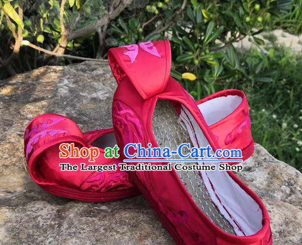 Handmade China Ethnic Folk Dance Shoes National Woman Rosy Satin Shoes Yunnan Wedding Embroidered Shoes