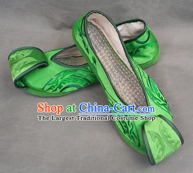 Handmade China Yunnan Wedding Embroidered Shoes Bride Shoes Ethnic Dance Shoes National Woman Green Satin Shoes