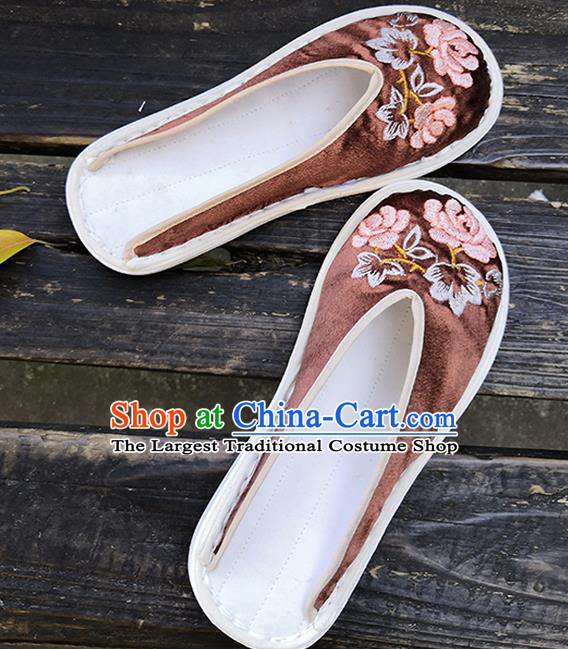 Chinese Handmade Embroidery Shoes Woman Strong Cloth Slippers National Brown Satin Shoes
