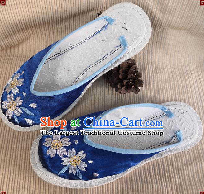 Chinese National Royalblue Satin Shoes Handmade Embroidery Shoes Woman Strong Cloth Slippers