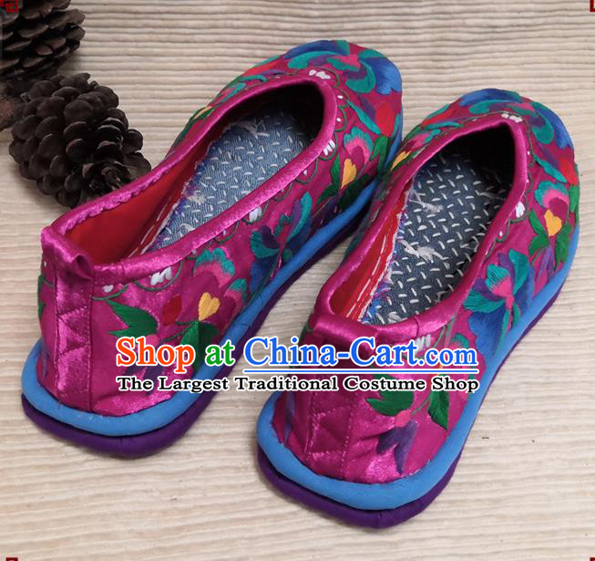 Handmade China Folk Dance Shoes National Woman Strong Cloth Shoes Yunnan Ethnic Rosy Embroidered Shoes
