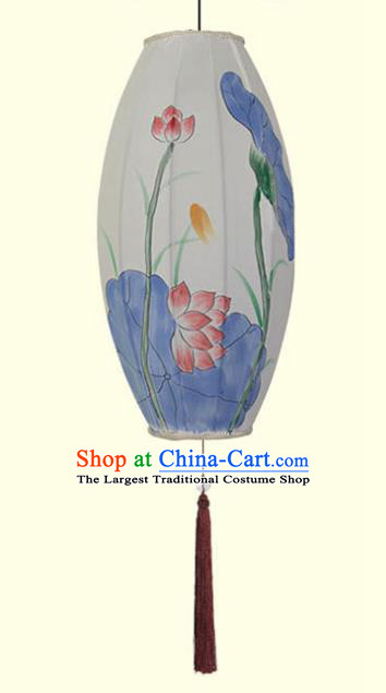 China Hand Painting Lotus Lantern Classical White Cloth Lamp Traditional Festival Hanging Lanterns