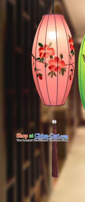 China Classical Pink Cloth Lamp Traditional Festival Hanging Lanterns Hand Painting Peach Blossom Lantern