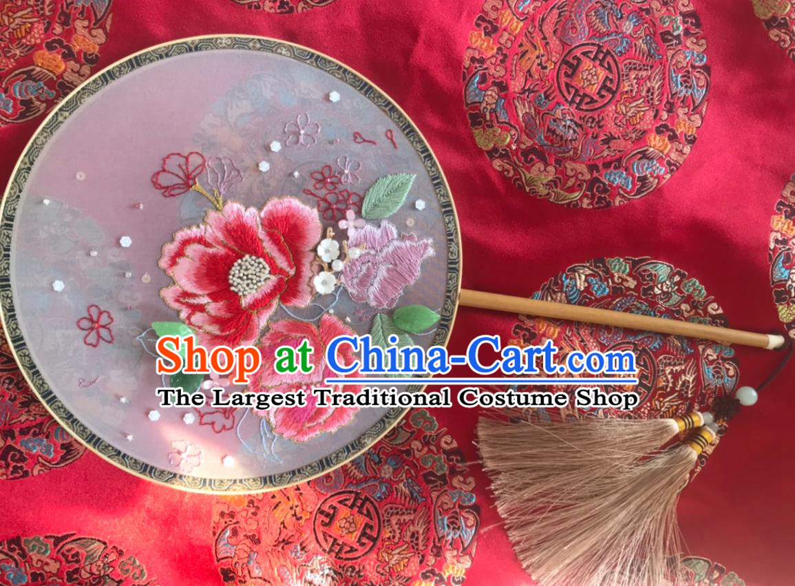China Handmade Bride Silk Palace Fan Traditional Hanfu Dance Fans Wedding Embroidered Peony Fan