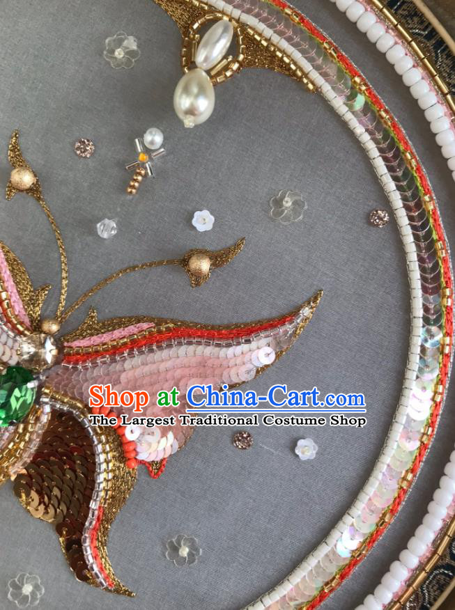 China Traditional Hanfu Dance Circular Fans Wedding Embroidered Sequins Butterfly Fan Handmade Bride Silk Palace Fan