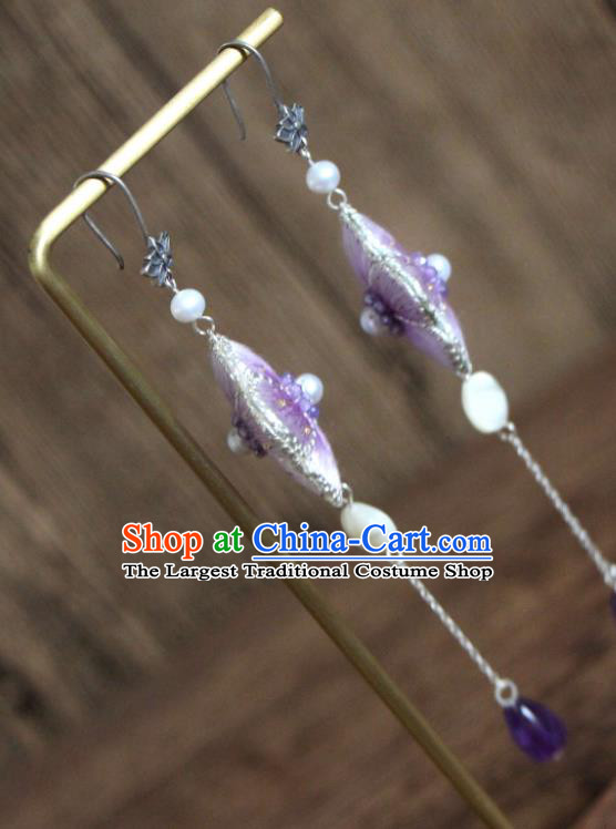 China Handmade Silver Ear Accessories Suzhou Embroidered Sakura Purple Earrings National Cheongsam Ear Jewelry