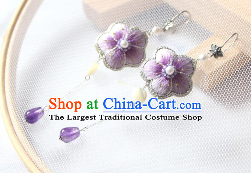 China Handmade Silver Ear Accessories Suzhou Embroidered Sakura Purple Earrings National Cheongsam Ear Jewelry