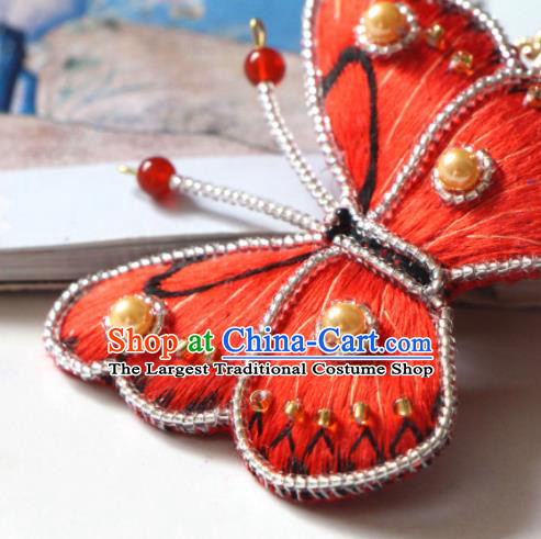 Handmade China Classical Qipao Pearls Hair Accessories Embroidered Red Butterfly Hair Stick