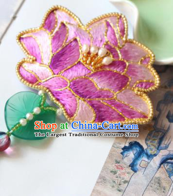 Handmade China Embroidered Lotus Pink Brooch Classical Jade Leaf Tassel Breastpin Accessories