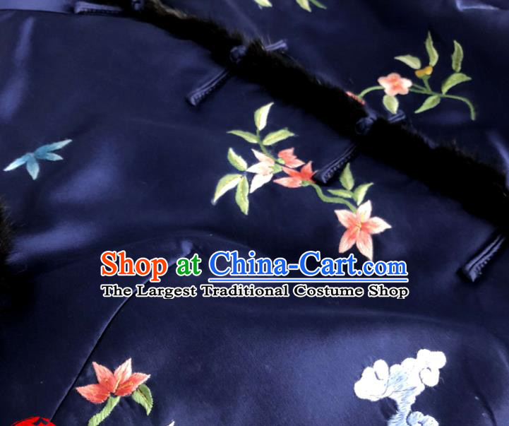 Chinese Traditional Tang Suit Upper Outer Garment Suzhou Embroidered Cotton Padded Vest National Navy Silk Waistcoat